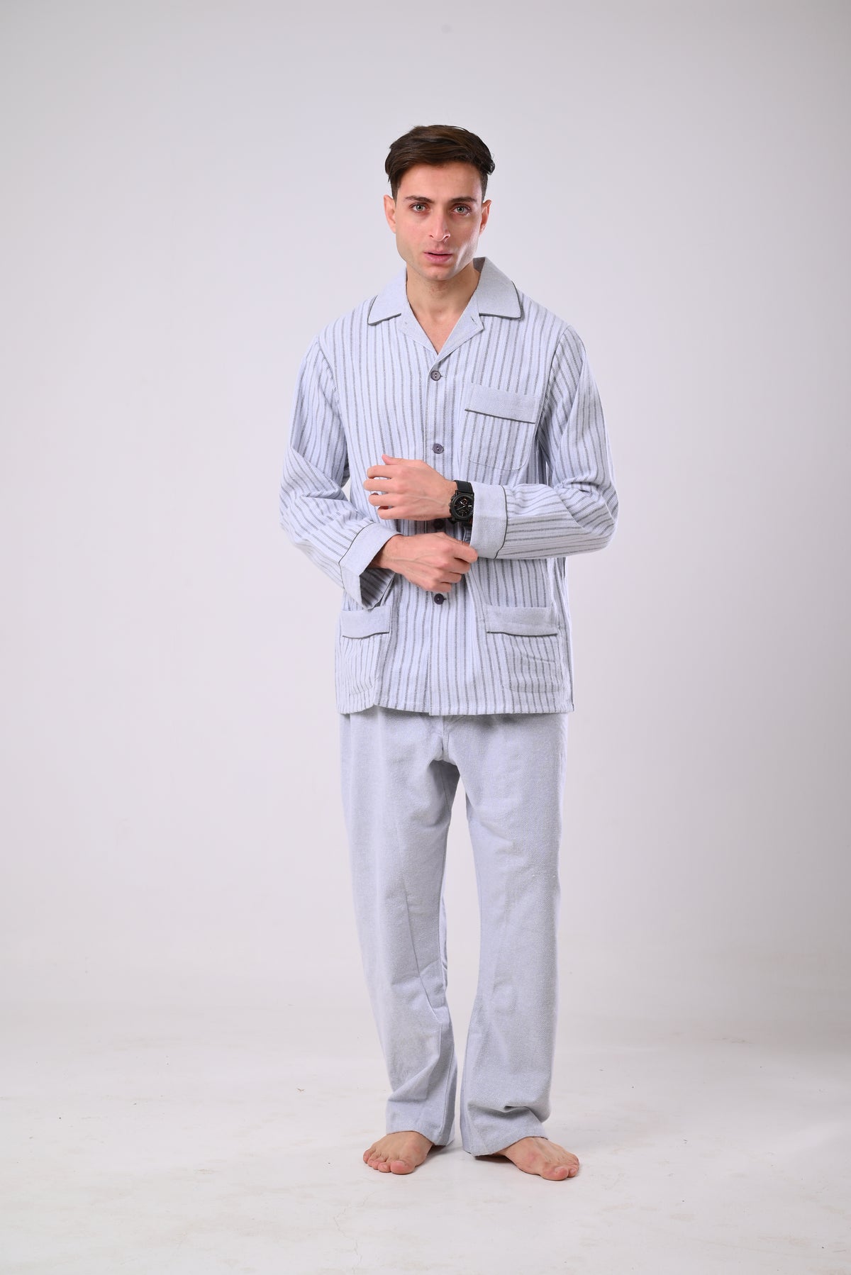 بيجاما كستور مقلم  - رصاصي
